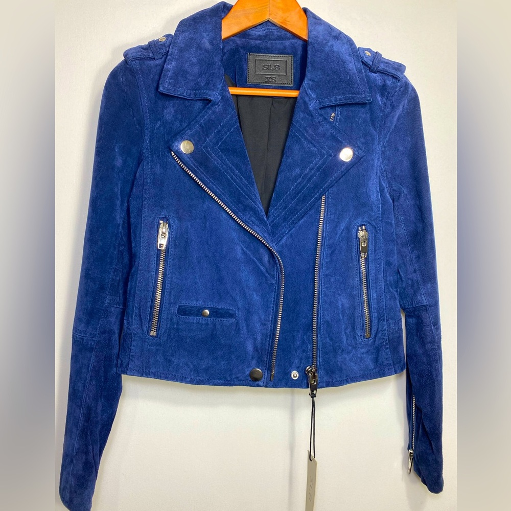 SL8 Cobalt Royal Blue Suede Leather Long Sleeve Women’s Moto Biker Jacket, XS